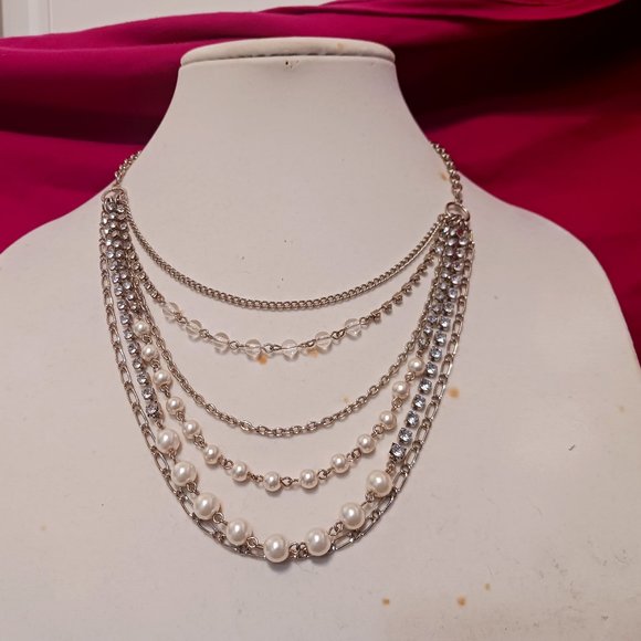 Hand Crafted Multi Strand Silver Tone with Beads and Rhinestone Fashion Necklace - Picture 1 of 9